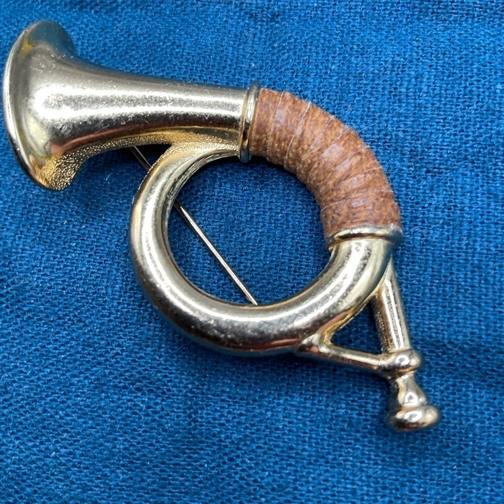 Vintage French horn brooch pin costume brass w/ leather
